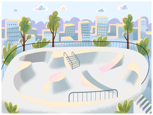 illustrations, cliparts, dessins animés et icônes de fond extérieur de stationnement de planche à roulettes. parc vide avec rampe pour le patinage. loisirs à l’aire de jeux skatepark pour l’illustration de vecteur de sport extrême et de loisirs. scène de paysage dans la nature - skateboard park ramp park skateboard