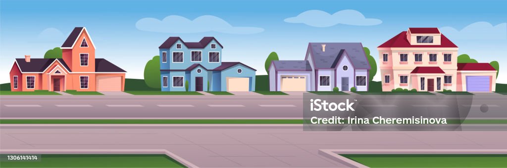 Suburban Cityscape Background Modern Cartoon Town View Design Vector  Illustration Cozy Windows And Doors In Buildings Driveway Sidewalk Grass  Horizontal Outdoor Scene Stock Illustration - Download Image Now - iStock
