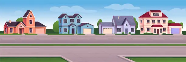 Vector illustration of Suburban cityscape background. Modern cartoon town view design vector illustration. Cozy windows and doors in buildings, driveway, sidewalk, grass. Horizontal outdoor scene