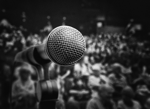 Dynamic microphone for speech or singing in front of a crowd of people.