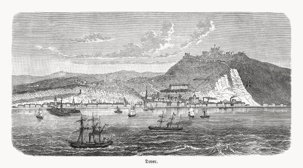 ilustrações de stock, clip art, desenhos animados e ícones de historical view of dover, kent, england, wood engraving, published 1893 - etching sailing ship passenger ship sea