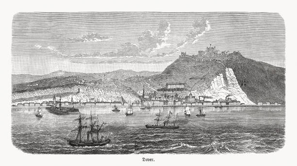 Historical view of Dover, Kent, England, wood engraving, published 1893 Historical view of Dover, Kent, South East England, United Kingdom. Wood engraving, published in 1893. north downs stock illustrations