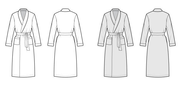 jubah mandi gaun teknis ilustrasi mode dengan pembukaan bungkus, panjang lutut, ukuran besar, dasi, saku, lengan panjang - jubah mandi ilustrasi stok