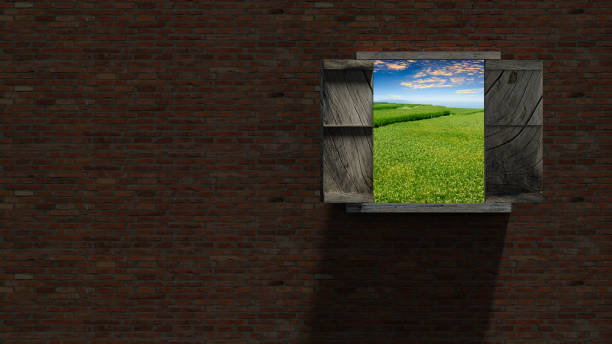 istock 3d rendering of brick make wall with wood windows and nice view 1306143656