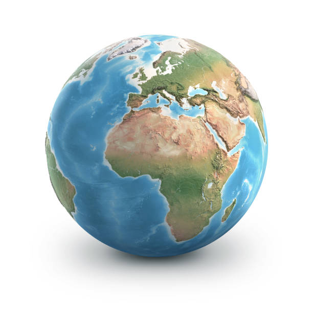 Planet Earth globe. Europe and Africa. Planet Earth globe, isolated on white. Geography of the world from space, focused on Europe and Africa - 3D illustration (Blender software), elements of this image furnished by NASA (https://eoimages.gsfc.nasa.gov/images/imagerecords/73000/73776/world.topo.bathy.200408.3x5400x2700.jpg) planet earth africa stock pictures, royalty-free photos & images