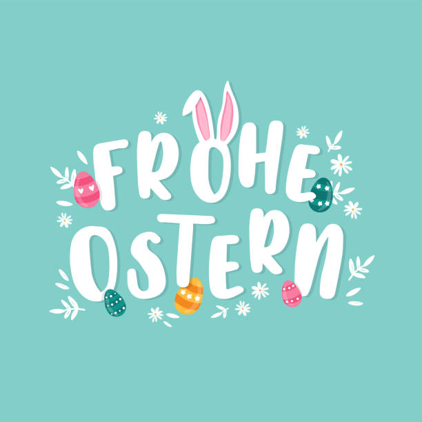 ilustrações de stock, clip art, desenhos animados e ícones de happy easter typographical background saying in german language "happy easter" with easter eggs, ears and decoration - great for banners, wallpapers, invitations, cover images - vector design - german culture