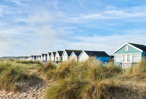 Panoramic view of Beach Huts overlooking beach and sea in Mudeford,Dorset