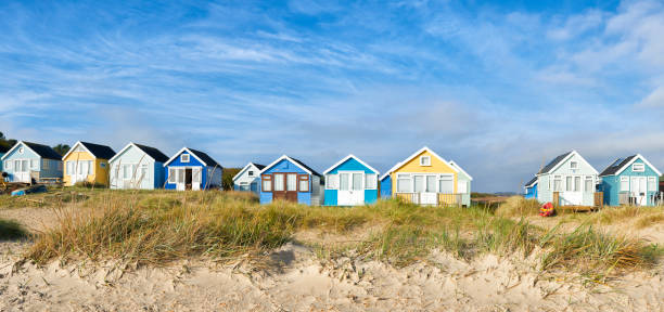 istock Panoramic view of Beach Huts overlooking beach and sea in Mudeford,Dorset 1306144560