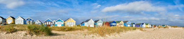 istock Panoramic view of Beach Huts overlooking beach and sea in Mudeford,Dorset 1306144572