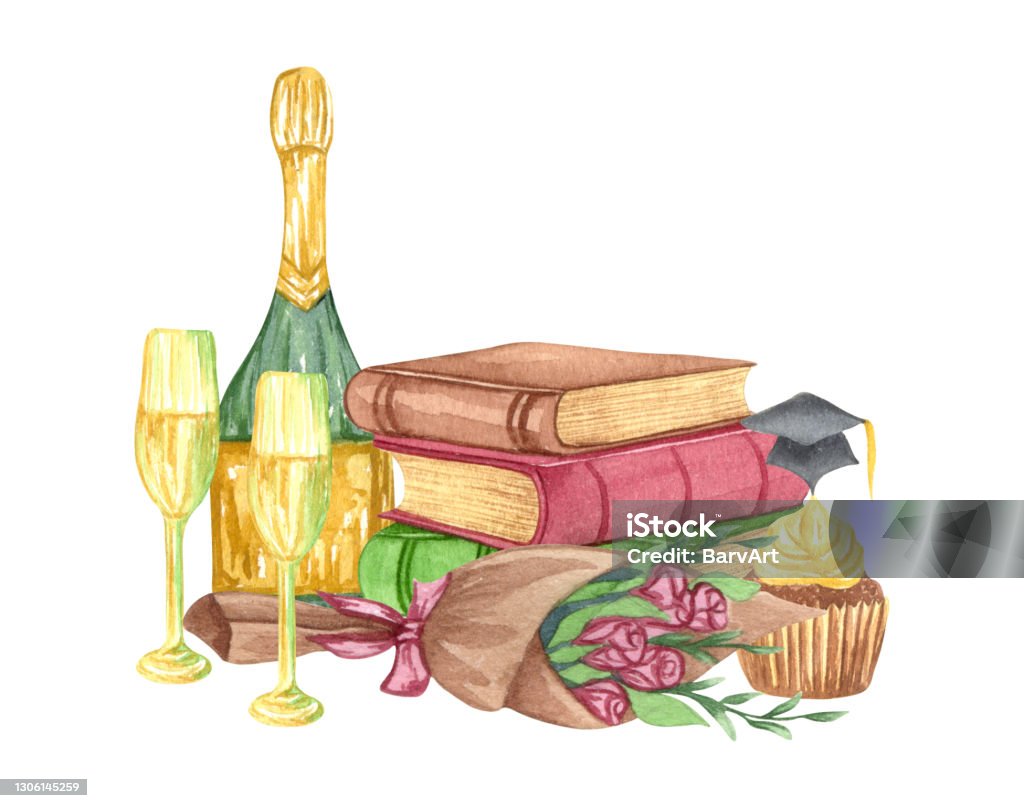 Bộ Tốt Nghiệp Màu Nước Của Mũ Tốt Nghiệp Hoa Rượu Sâm Banh Và ...