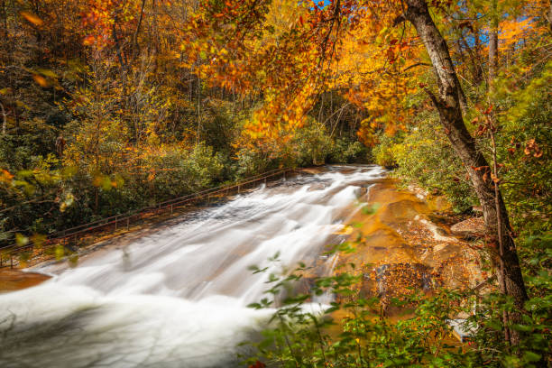 미국 노스캐롤라이나 주 피스가 국유림의 글래스 크릭에 미끄러지는 바위 폭포 - north carolina mountain river autumn 뉴스 사진 이미지