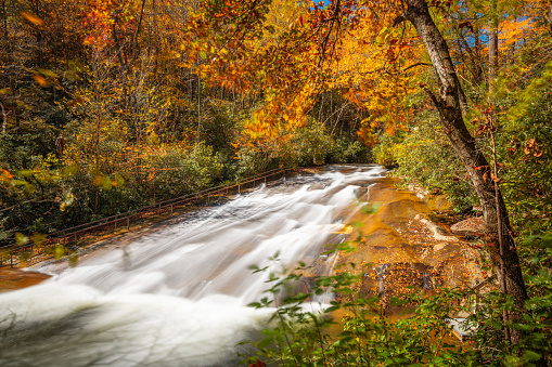 Sliding Rock Falls on Looking Glass Creek in Pisgah National Forest, North Carolina, USA in the autumn season.