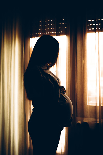 Silhouette of a beautiful pregnant woman who is standing in front of a window.