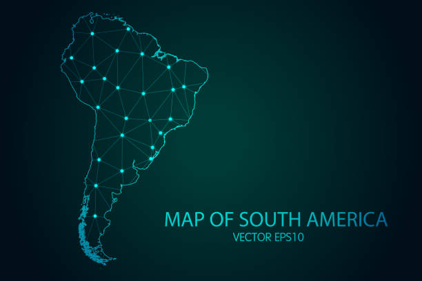 ilustrações, clipart, desenhos animados e ícones de mapa da américa do sul - com escalas de ponto e linhas brilhantes no fundo de gradiente escuro, conexões de rede poligonais de malha 3d - map latin america the americas south