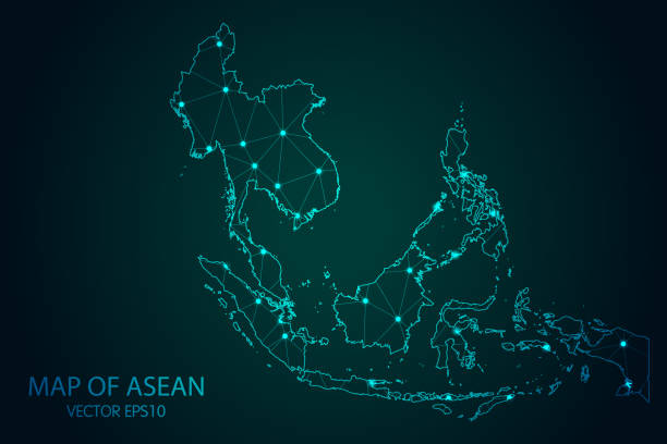 illustrazioni stock, clip art, cartoni animati e icone di tendenza di mappa del sud-est asiatico - con punti luminosi e scale di linee sullo sfondo sfumato scuro, connessioni di rete poligonali mesh 3d - sud est asiatico