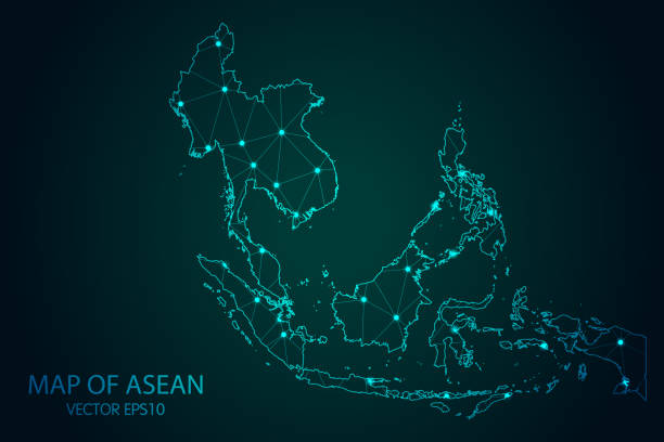 Map of Southeast Asia - With glowing point and lines scales on the dark gradient background, 3D mesh polygonal network connections Map of Southeast Asia - With glowing point and lines scales on the dark gradient background, 3D mesh polygonal network connections. Vector illustration Eps 10. south east asia stock illustrations