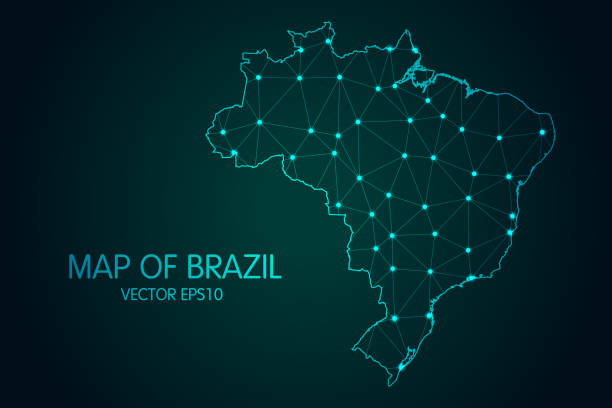 ilustraciones, imágenes clip art, dibujos animados e iconos de stock de mapa de brasil - con puntos brillantes y escalas de líneas en el fondo de degradado oscuro, conexiones de red poligonal de malla 3d - brasilero