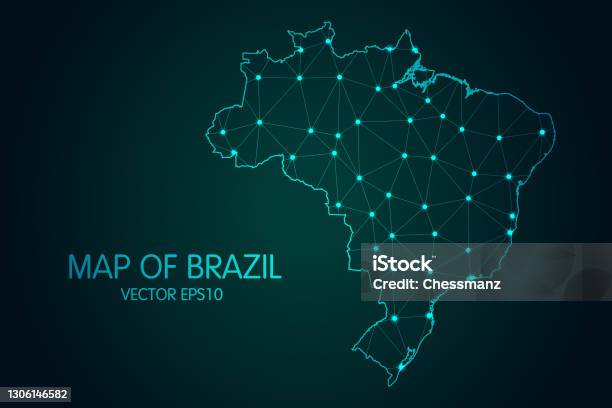 브라질지도 어두운 그라데이션 배경에 빛나는 점과 선 비늘 3d 메쉬 다각형 네트워크 연결 브라질에 대한 스톡 벡터 아트 및 기타 이미지