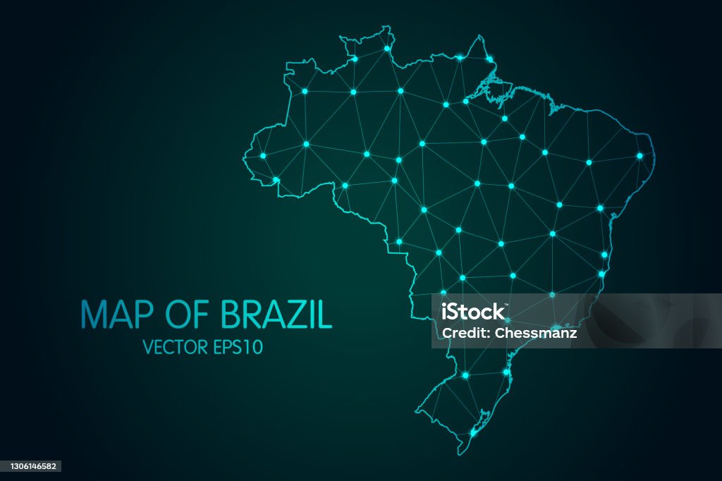 Mapa do Brasil - Com escalas de ponto e linhas brilhantes no fundo de gradiente escuro, conexões de rede poligonais de malha 3D - Vetor de Brasil royalty-free