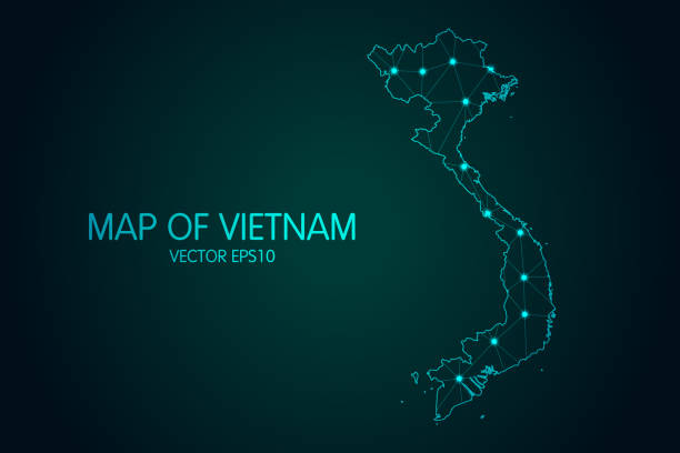 istock Map of Vietnam - With glowing point and lines scales on the dark gradient background, 3D mesh polygonal network connections 1306146594