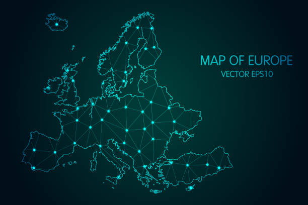 istock Map of Europe - With glowing point and lines scales on The dark gradient background, 3D mesh polygonal network connections 1306146602