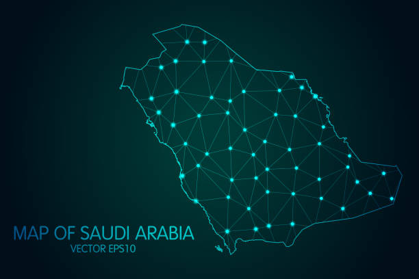 карта саудовской аравии - с светящимися точками и линиями весы на темном фоне градиента, 3d сетки полигональных сетевых соединений - saudi arabia stock illustrations
