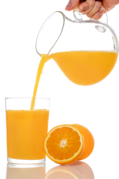 istock Orange juice pouring from pitcher into glass, isolated on white background. 1306147301