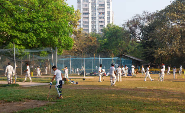 niños con uniforme blanco participan en entrenamiento deportivo de cricket en un parque de la ciudad - sport of cricket practicing cricket player net fotografías e imágenes de stock