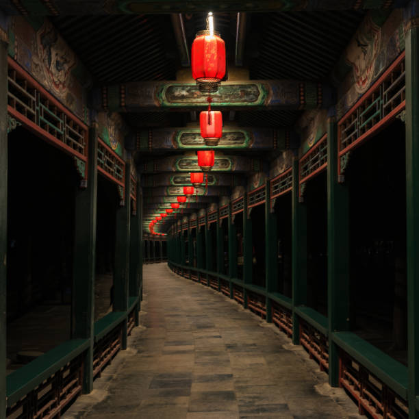 Long Corridor of Summer Palace, Beijing, China Lanterns on the promenade of the Summer Palace in Beijing, China, with a strong Chinese New Year atmosphere, very beautiful. porcelain photos stock pictures, royalty-free photos & images
