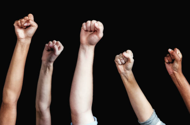 istock Group of diverse hands raise their fists 1306148246