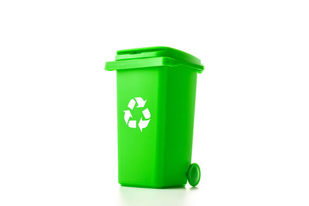 istock Trash recycle. Bin container for disposal garbage waste and save environment. Green dustbin for recycle glass can trash isolated on white background. 1306148484