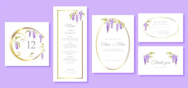 Vector illustration of vector set wedding invitation cards template with wisteria flowers