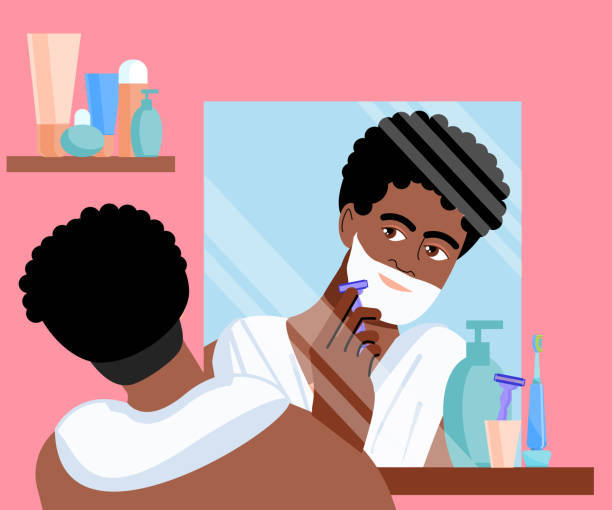 ilustrações de stock, clip art, desenhos animados e ícones de cute afro-american man shaves with a razor in front of the bathroom mirror. morning. guy shaving his face. vector illustration of a man shaving in front of the toilet mirror. flat style. - shaving men shaving cream mirror