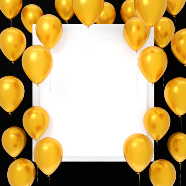 istock Flying yellow balloons around empty white blank card on black background. 1306150007