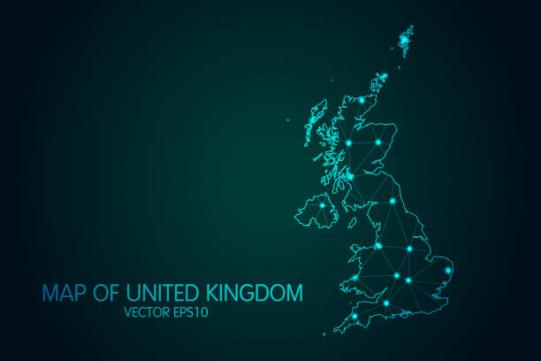 istock Map of United Kingdom - With glowing point and lines scales on the dark gradient background, 3D mesh polygonal network connections 1306151176
