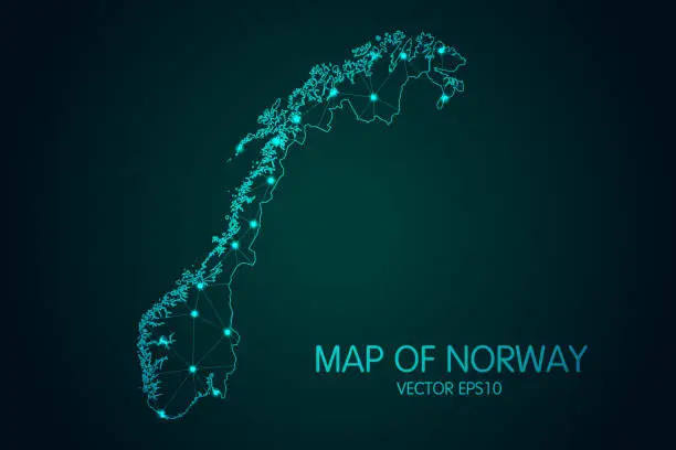 Vector illustration of Map of Norway - With glowing point and lines scales on the dark gradient background, 3D mesh polygonal network connections