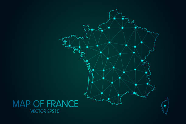 フランスの地図 - 暗いグラデーションの背景に光る点と線のスケールで、3dメッシュポリゴンネットワーク接続 - reference point点のイラスト素材／クリップアート素材／マンガ素材／アイコン素材