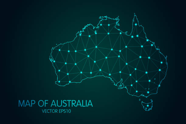 istock Map of Australia - With glowing point and lines scales on the dark gradient background, 3D mesh polygonal network connections 1306151231