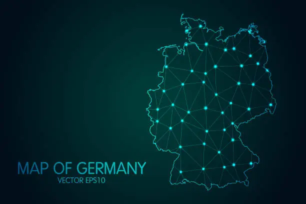 Vector illustration of Map of Germany - With glowing point and lines scales on the dark gradient background, 3D mesh polygonal network connections