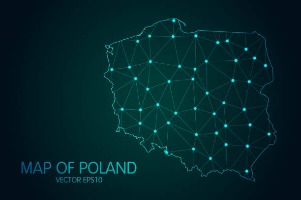폴란드지도 - 어두운 그라데이션 배경에 빛나는 점과 선 비늘, 3d 메쉬 다각형 네트워크 연결 - poland stock illustrations