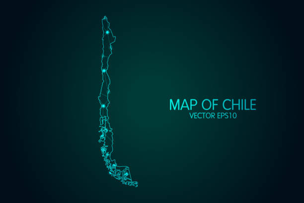 Map of Chile - With glowing point and lines scales on the dark gradient background, 3D mesh polygonal network connections Map of Chile - With glowing point and lines scales on the dark gradient background, 3D mesh polygonal network connections. Vector illustration eps 10. chile map stock illustrations