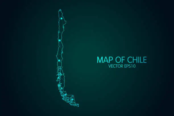 Vector illustration of Map of Chile - With glowing point and lines scales on the dark gradient background, 3D mesh polygonal network connections