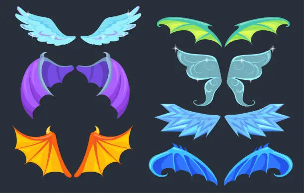 Vector illustration of Fabulous creatures wings set