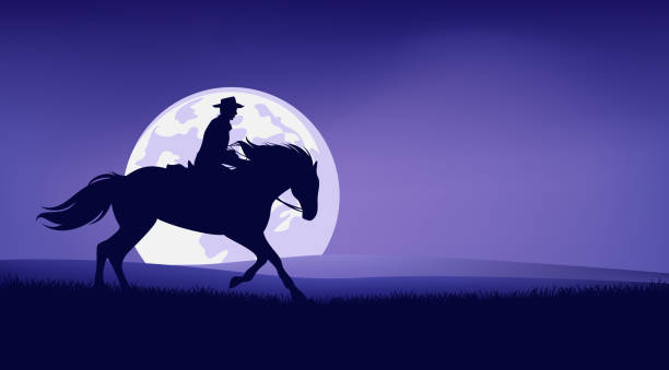 ilustrações de stock, clip art, desenhos animados e ícones de vector silhouette outline of american cowboy riding horse and full moon night landscape - night running