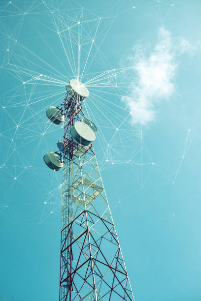 istock Telecommunication tower with mesh dots, glittering particles for wireless telecommunication technology 1306156011