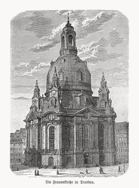 illustrazioni stock, clip art, cartoni animati e icone di tendenza di veduta storica della frauenkirche di dresda, germania, xilografia, pubblicata nel 1893 - church of our lady dresden illustrations