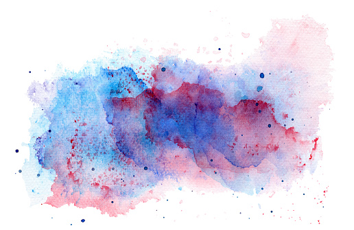 Abstract red and blue watercolor background with multi-layer smears. Hand drawn illustration. Isolated on white