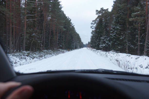 istock Winter Driving. Driving troughs forest. 1306158414