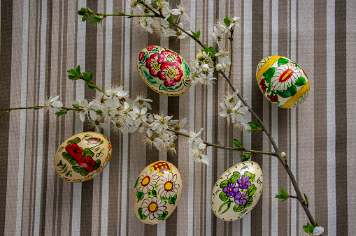 Easter eggs hand painted on wooden background