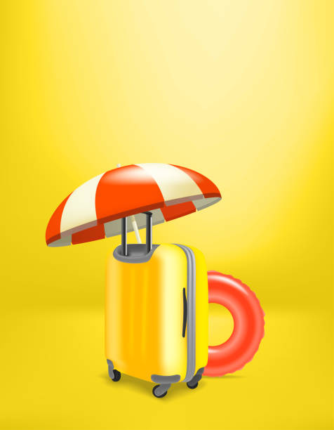 istock Vacation concept with plastic suitcase and travel accessories. Vector banner with copy space for a text 1306159587